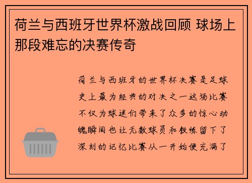 荷兰与西班牙世界杯激战回顾 球场上那段难忘的决赛传奇